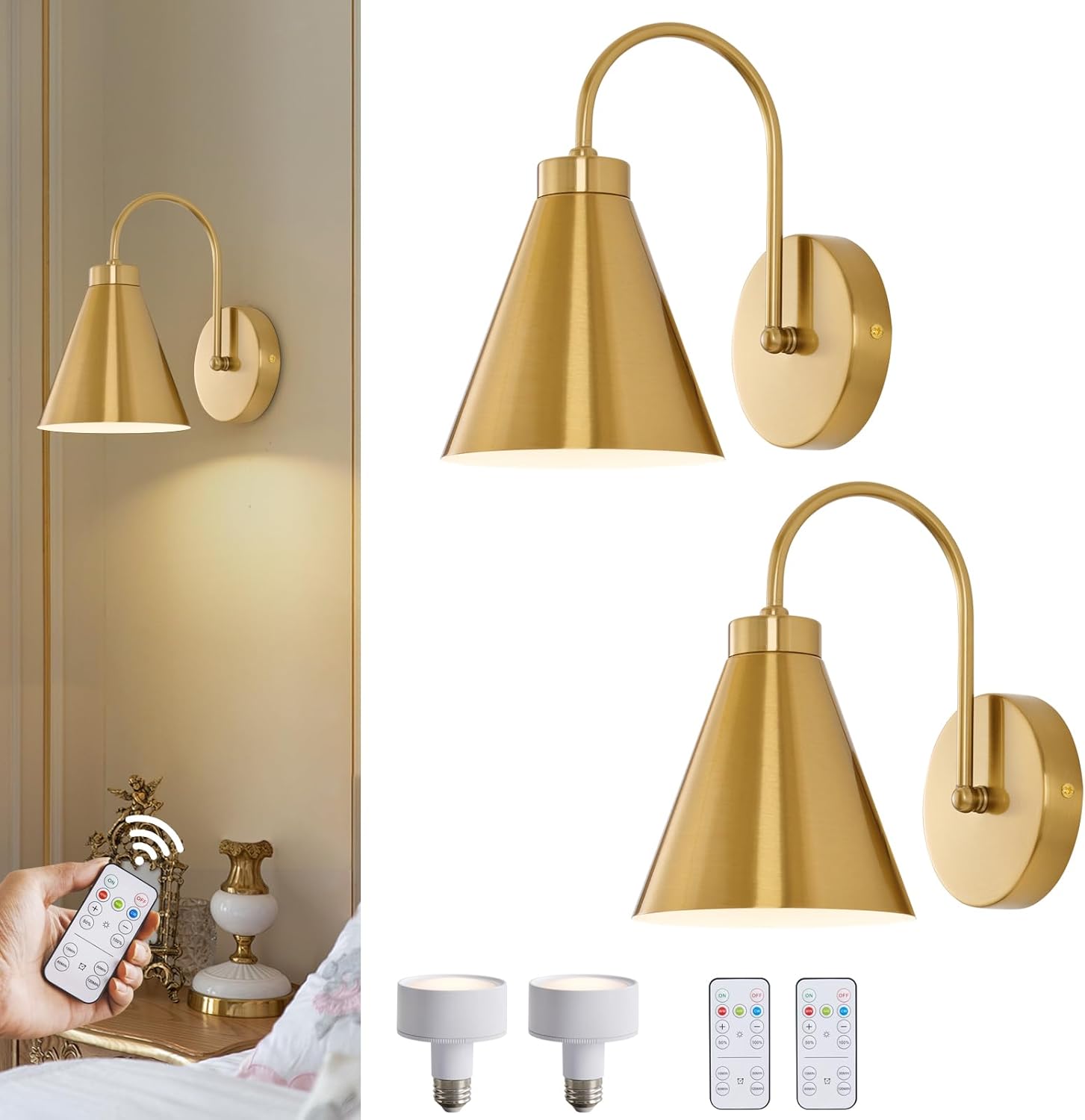 Photo 1 of Vintage Cordless Gooseneck Battery Operated Wall Sconces Set of 2, Gold Bedside Battery Powered Wall Decor Lamps with Remote Control, Wireless Indoor LED Lights Fixture for Bedroom Hallway