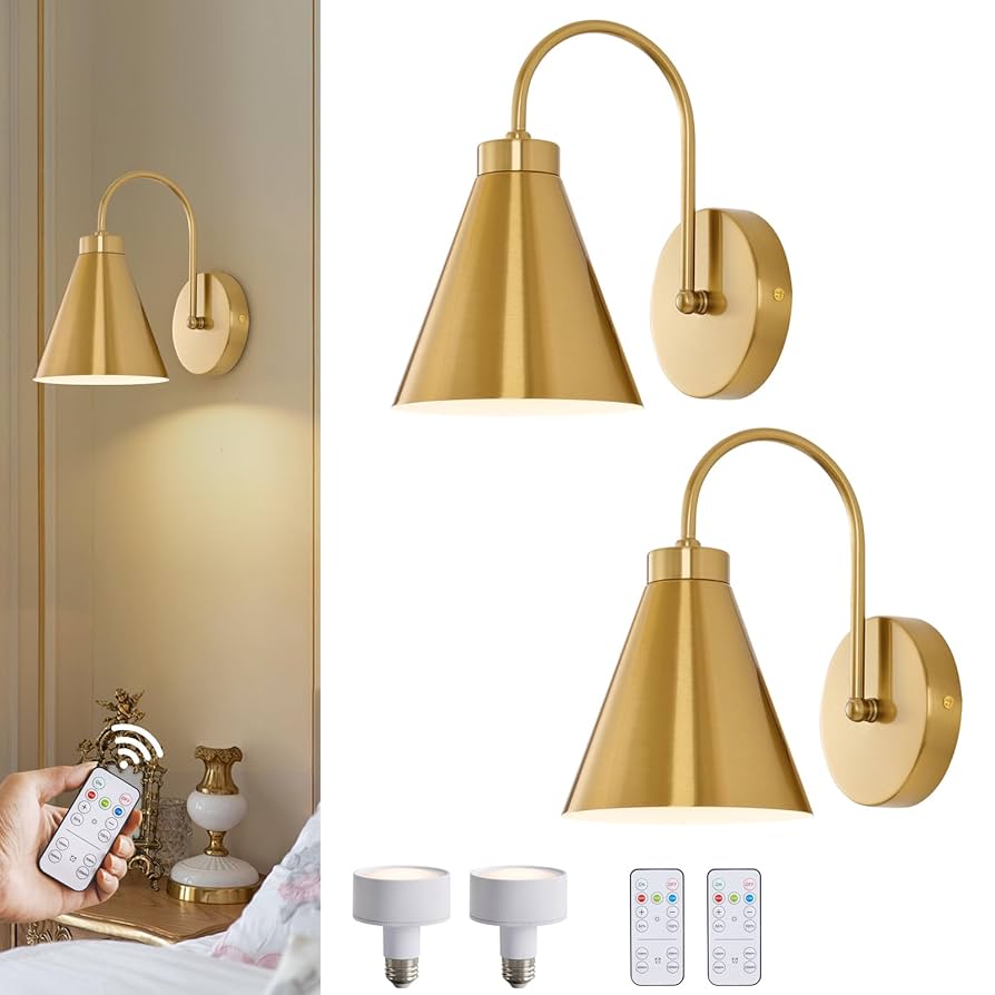 Vintage Cordless Gooseneck Battery Operated Wall Sconces Set of 2, Gold Bedside Battery Powered Wall Decor Lamps with Remote Control, Wireless Indoor LED Lights Fixture for Bedroom Hallway