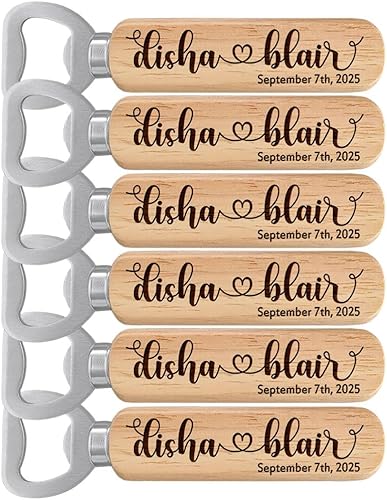 Miniatura 1 de Personalized Bottle Openers, Wooden Custom Couple's Names & Date Openers for Wedding Gift, Idea Gifts for Wedding (Set of 6)