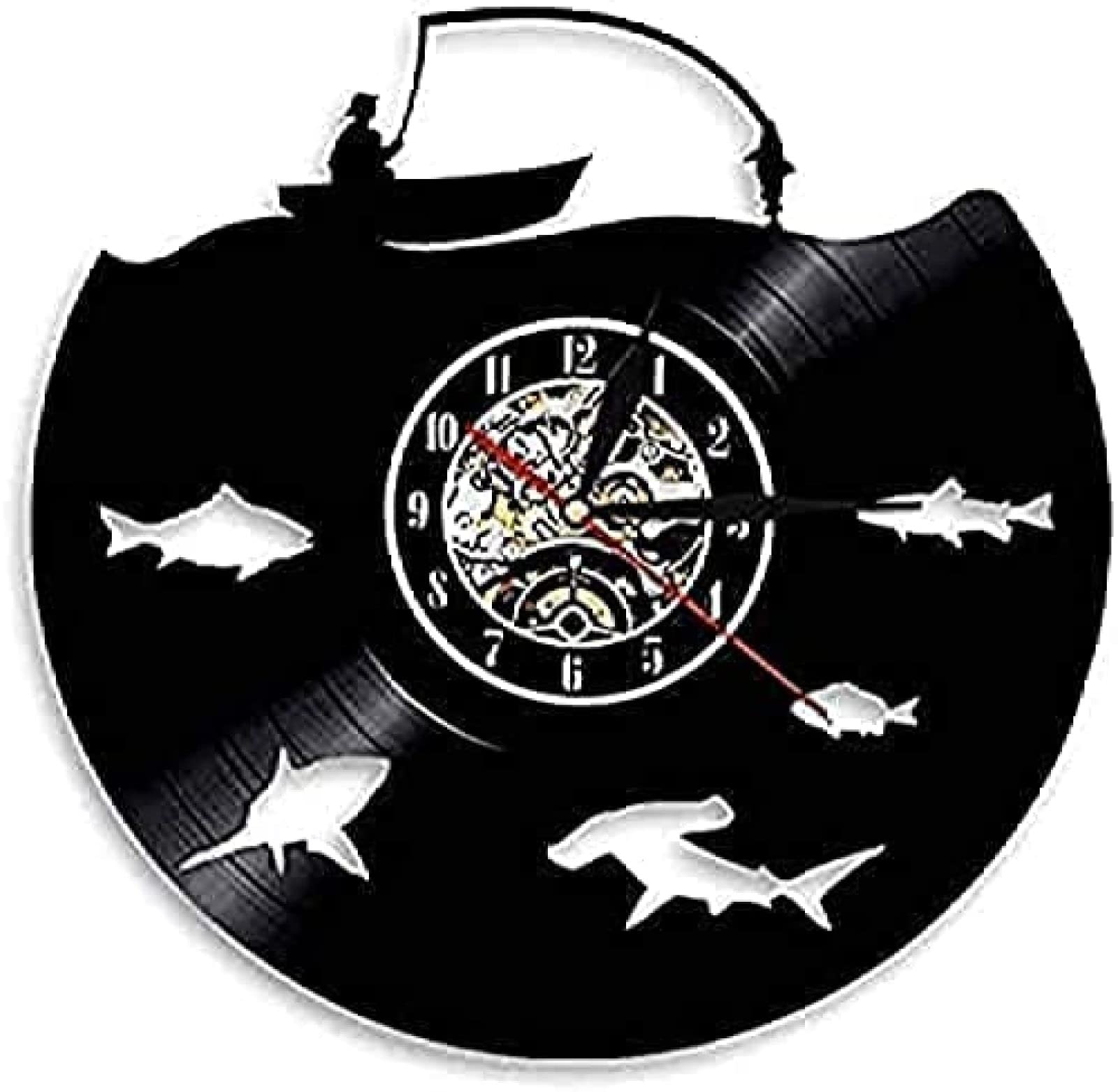 Silent Wall Clock Fishmen Go Fishing Wall Art Decorative 3D Wall Clock Vinyl Record Wall Clock Home Decor Unique Gift Fishmen Children's Day Gifts Art Wall Clocks Watches