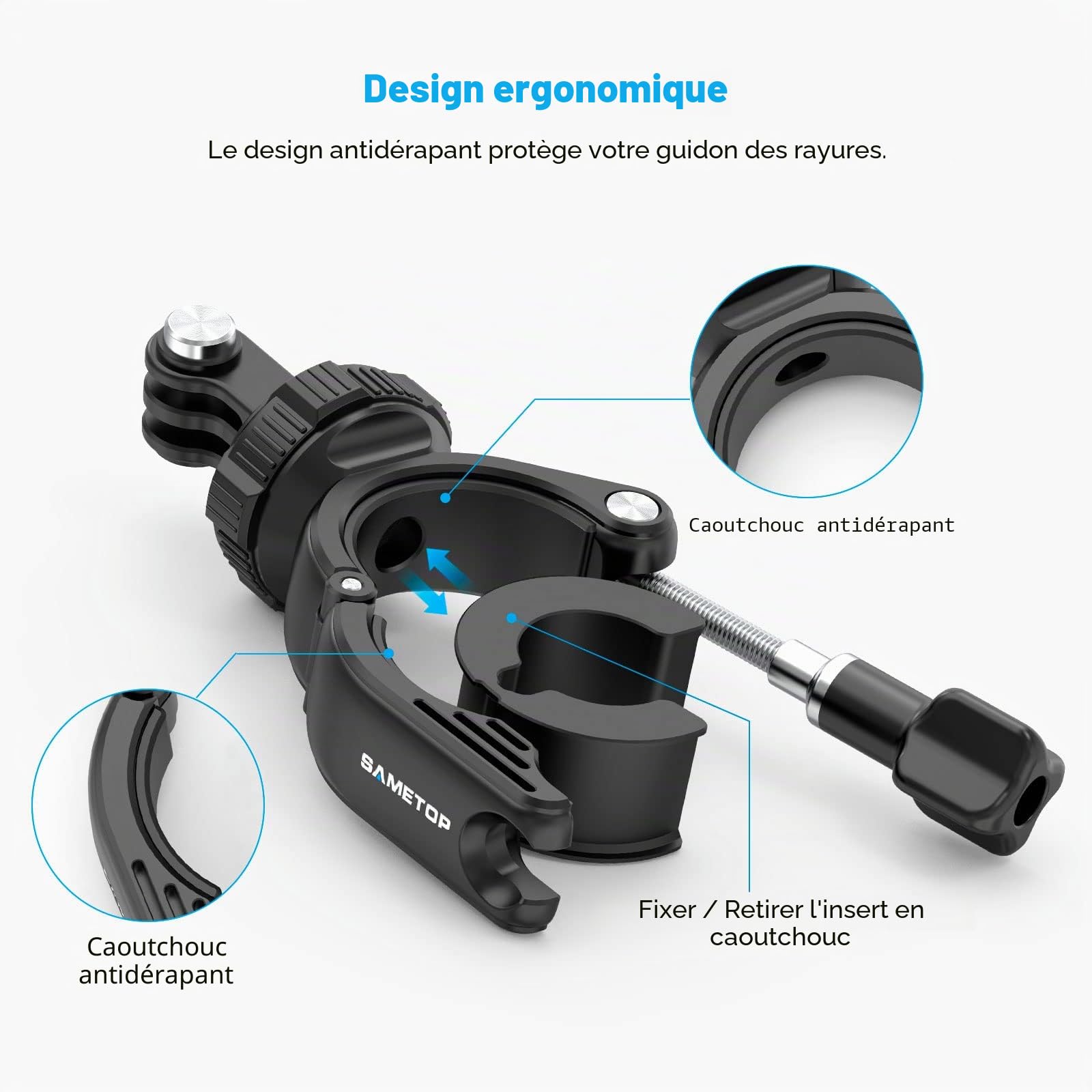 Clamp Guidon Montage de Moto et Vélo Support de Pince Tube Fixation Compatible avec GoPro Hero 13 12 11 10 9 8 7 6 5 Session DJI Caméras d'action - Pivote à 360