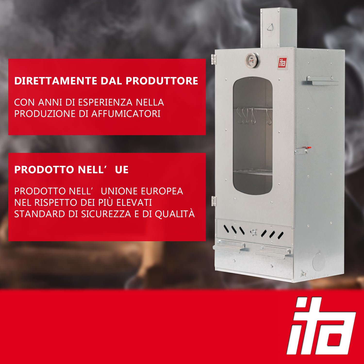 ITA Affumicatore Elettrico 7012 - Set Smoker con Riscaldamento, Tavolo - Armadio con Finestra e Camino - Acciaio Legato - Qualità UE, Diretto dal Produttore - 81 cm con 3 Ripiani