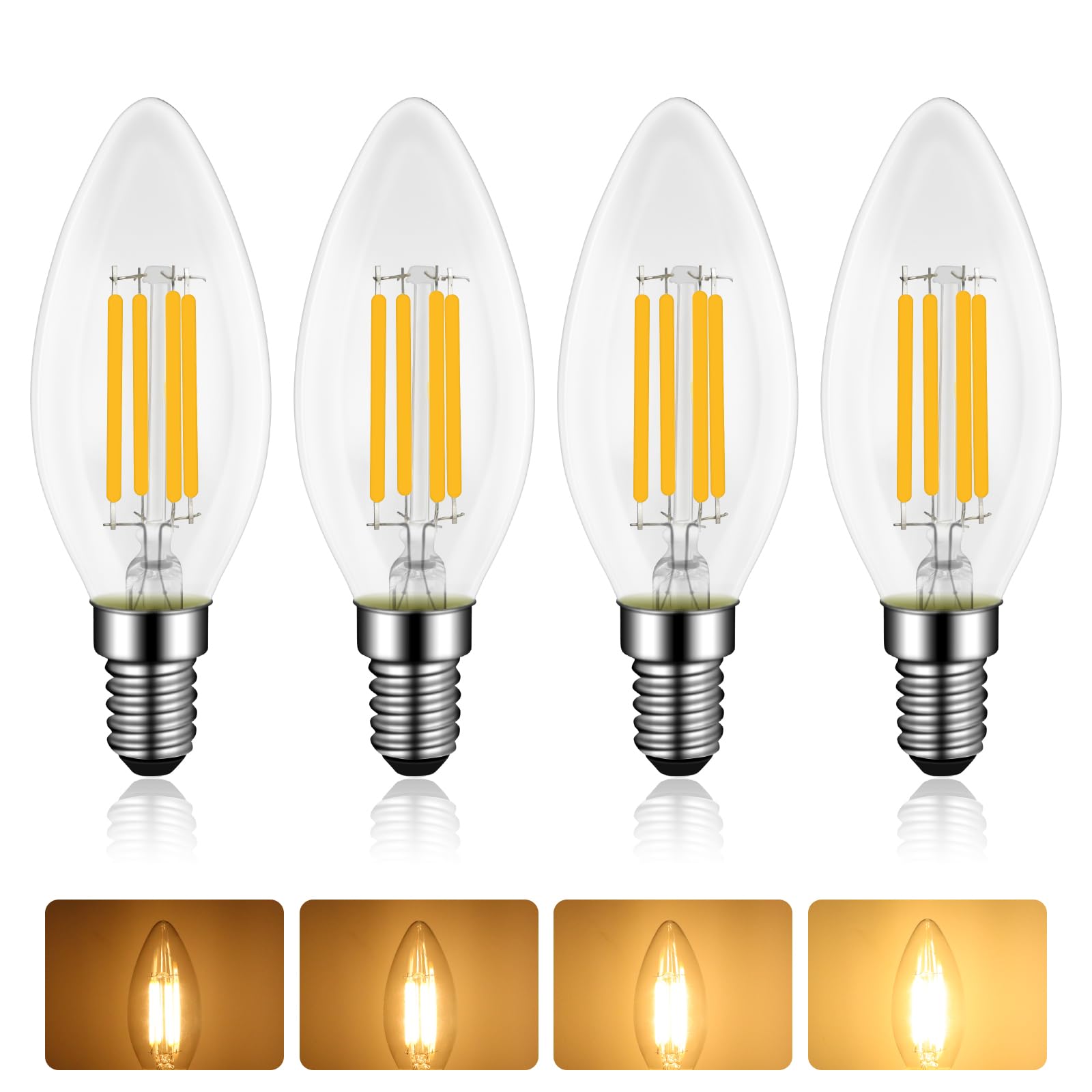 E14 LED Candle Bulbs Dimmable, 4W Equivalent 40W Incandescent Bulb, SES Small Edison Screw C35 Retro Candle Bulbs, Warm White 2700K, 400LM, AC 220-240V, Clear Filament Bulbs, for Chandeliers, 4 Pack