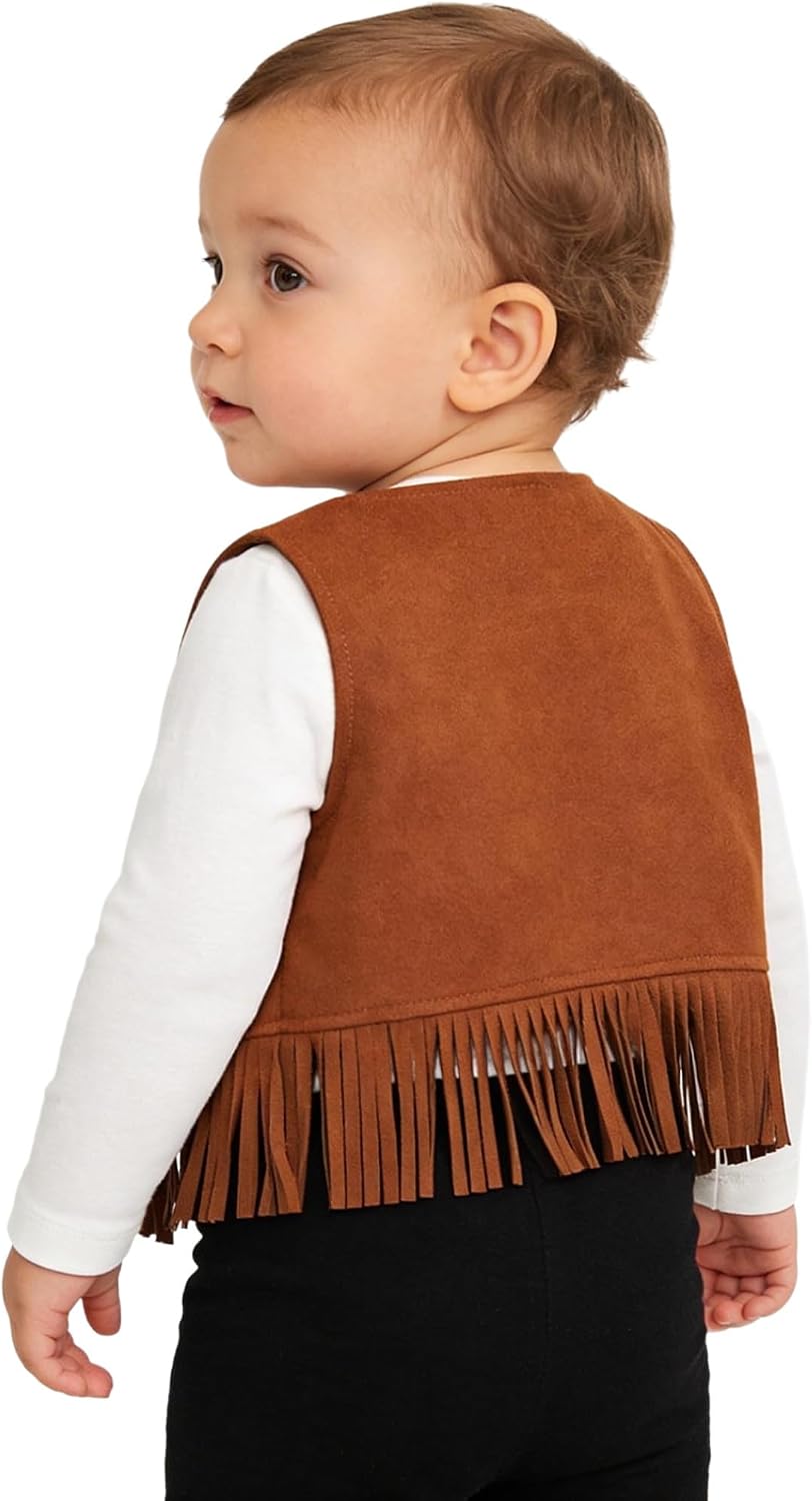 Baby Boy Girls Western Cowboy Cowgirls Vest Faux Suede Tassels Vest Open Front Fringe Waistcoat