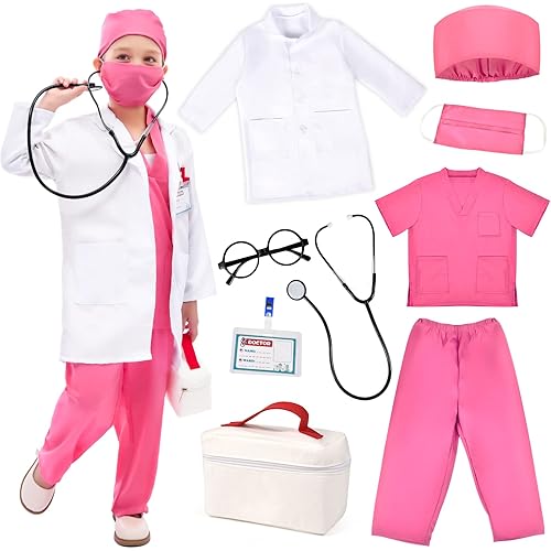 Toylink Kids Doctor Costume Pretend Play Kit with Lab Coat Carrying Bag Accessories Halloween Doctor Dress up for Boys Girls