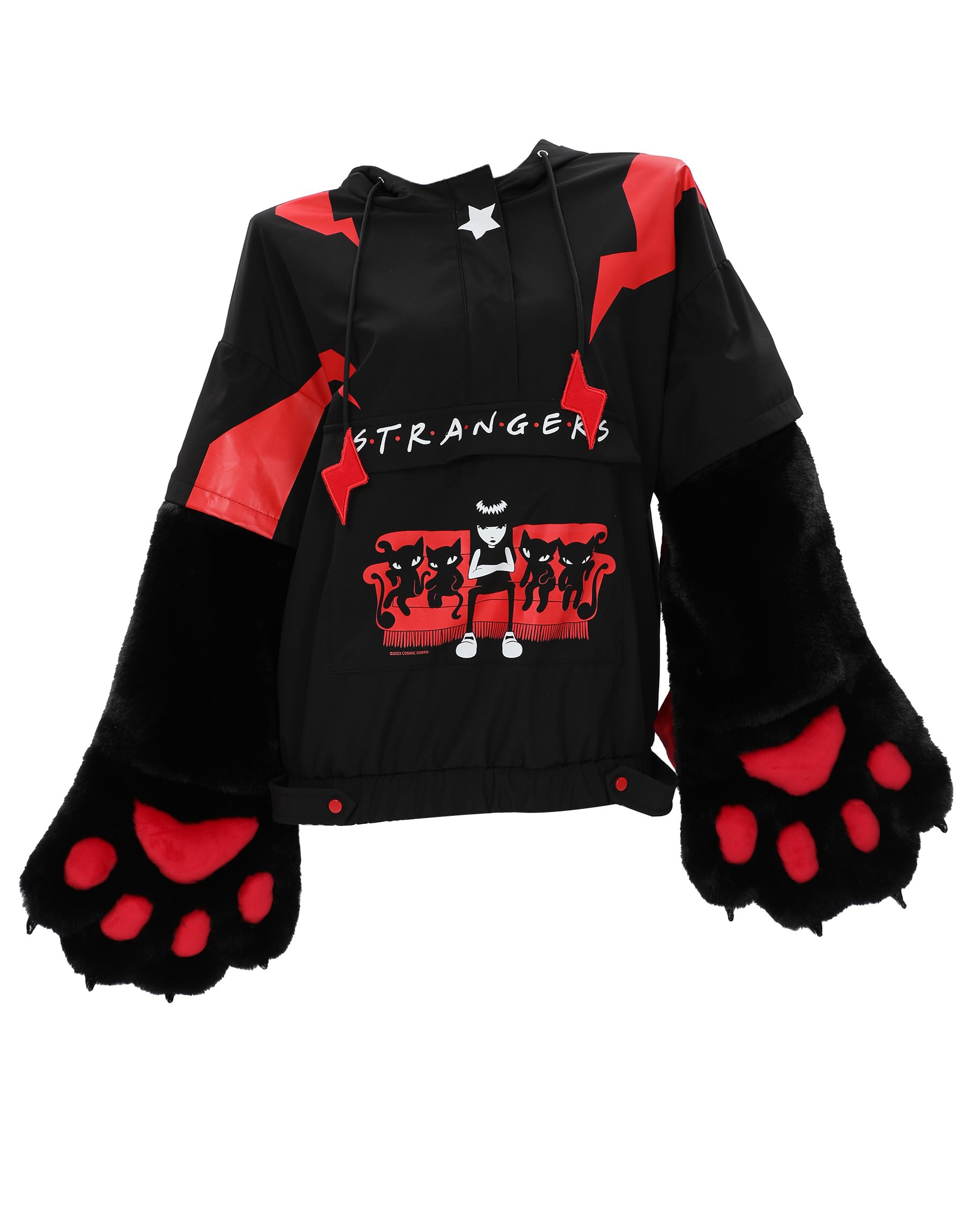 Emily the Strange Officially Licensed Pullover Hoodie Sweatshirt with Cute Detachable Furry Cat Paw Gloves Handbag Sleeve, Black and Red, Large