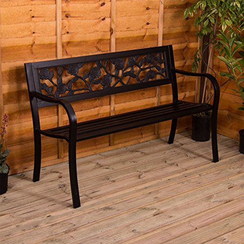 Garden Vida Steel Garden Bench, Rose Design, 3 Seater, Black