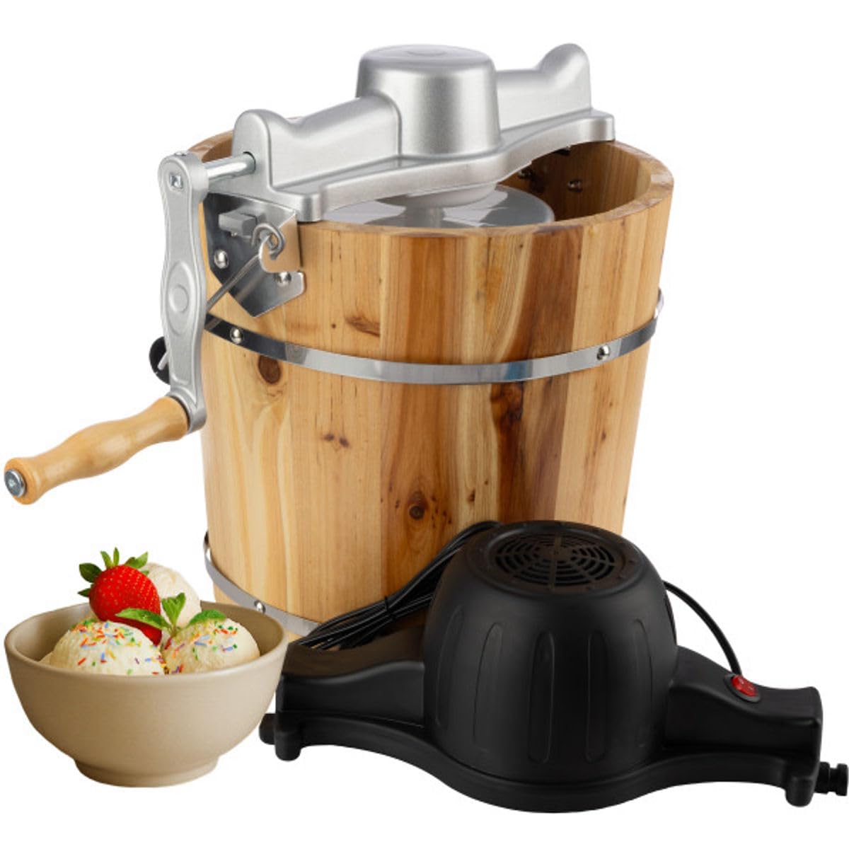 Electric Ice Cream Maker Machine - 4 Quart Old Fashioned Icecream Maker with Hand Crank and Electric Paddle