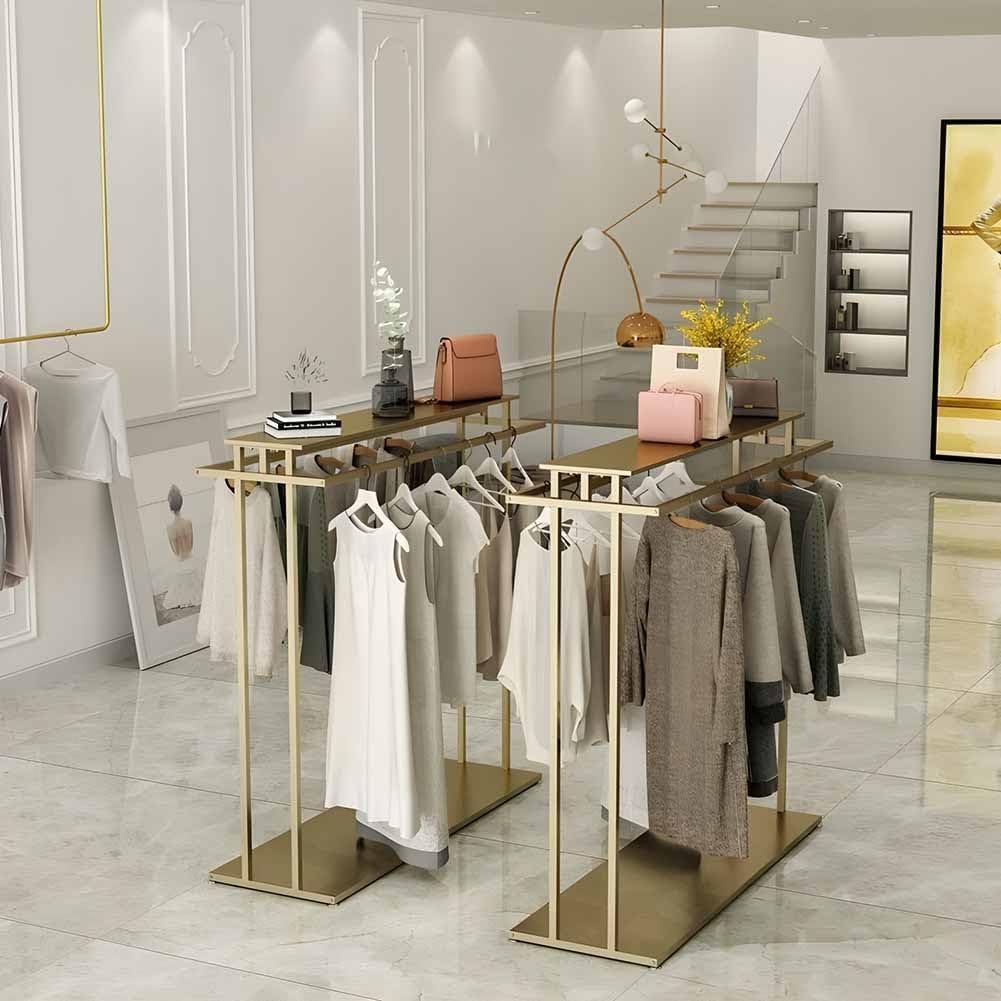 Metalowy wieszak z podwójnym prętem, stojący stojak na ubrania do butików, trwały i stylowy organizer na ubrania