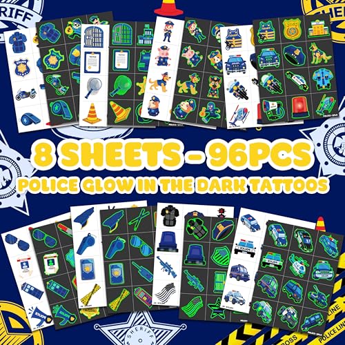 Image of 96 PCS Police Pre-Cut Luminous Glow in the dark Temporary Tattoos for Kids | Super Cute Theme Birthday Party Favors Supplies Decorations, Police Car Policeman Fake Tattoos Gifts for Boys Girls