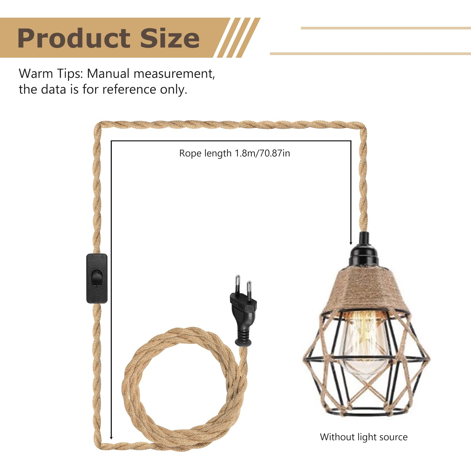 PORFOYO Lámpara de techo con enchufe, lámpara de pared retro atributo vintage cuerda de cáñamo lámpara colgante lámpara colgante lámpara colgante lámpara E27, cable de la lámpara lámpara colgante