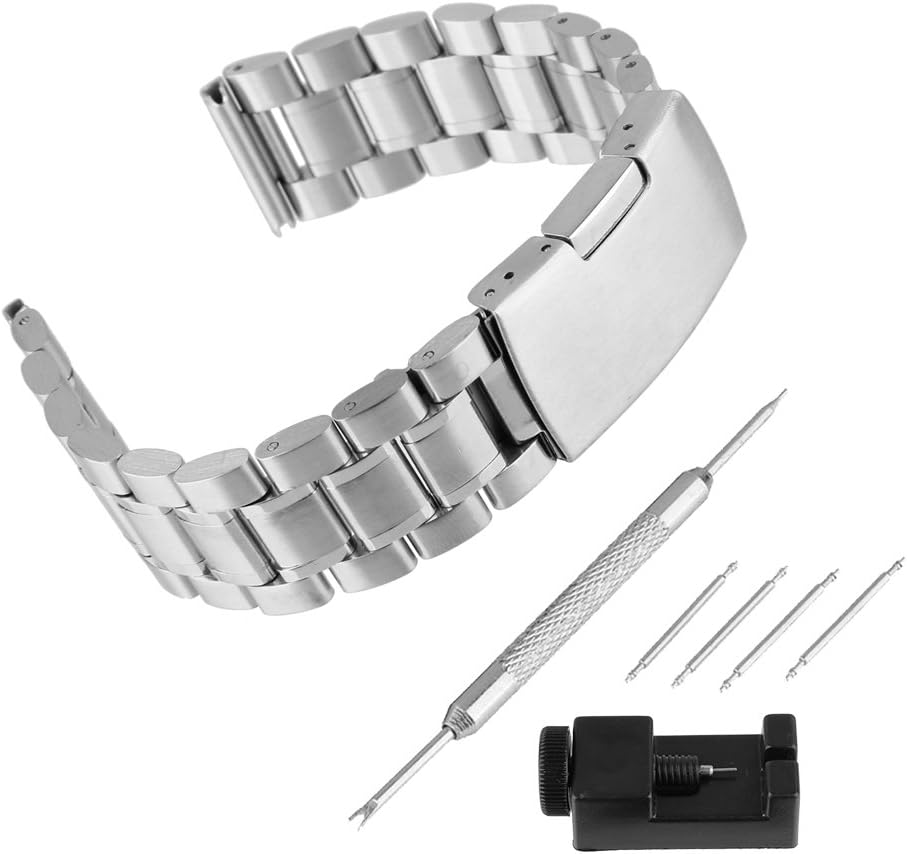 Solid Stainless Steel Bracelet Watch Band Strap Single-Locking Fold-Over Clasp Polished Metal Silver(Repair Tool Included) (20mm Band Width)