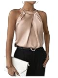 Women's Pleated Halter Sleeveless Satin Blouse Keyhole Back Tank Top
