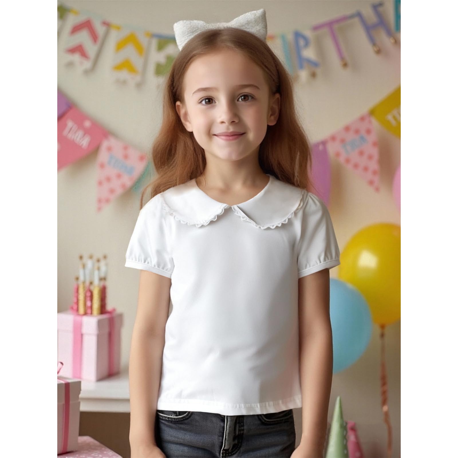 MODNTOGA Chemise à manches longues pour bébé fille - Chemisier blanc à manches courtes bouffantes - Couleur unie - Haut et bas