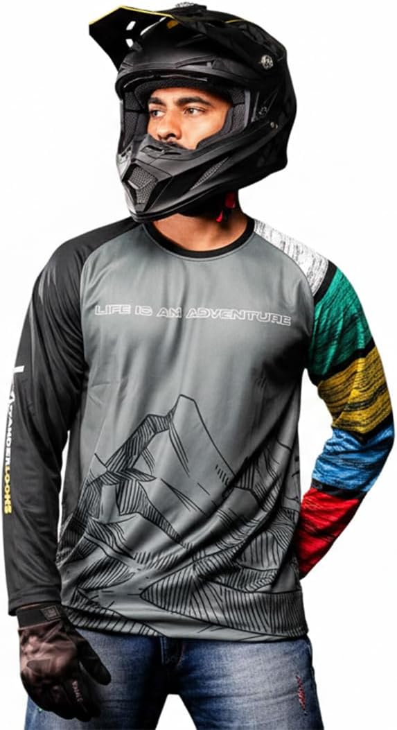 WANDERLOOMS Bike Rider Jersey for Men Full Sleeve T-Shirt Round Neck Trackside Thunder Graphic Printed Riding Clothes Sports Tshirt