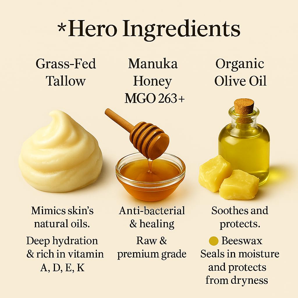 100% Grass-Fed Beef Tallow Balm, Manuka Honey MGO 263+, Organic Beeswax & Olive Oil, Beef Tallow for skin,Handmade Moisturizer for Dry Skin, Eczema Relief, & Healing Skin(2oz)