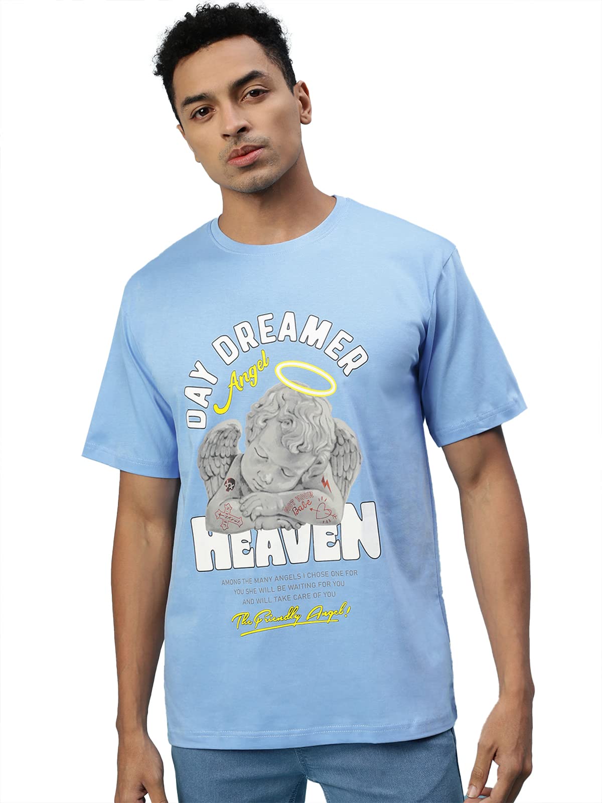 VeirdoOversized Loose Baggy Fit Drop Shoulder Round Neck Half Sleeve Cool Graphic Printed Pure Cotton T-Shirt for Men