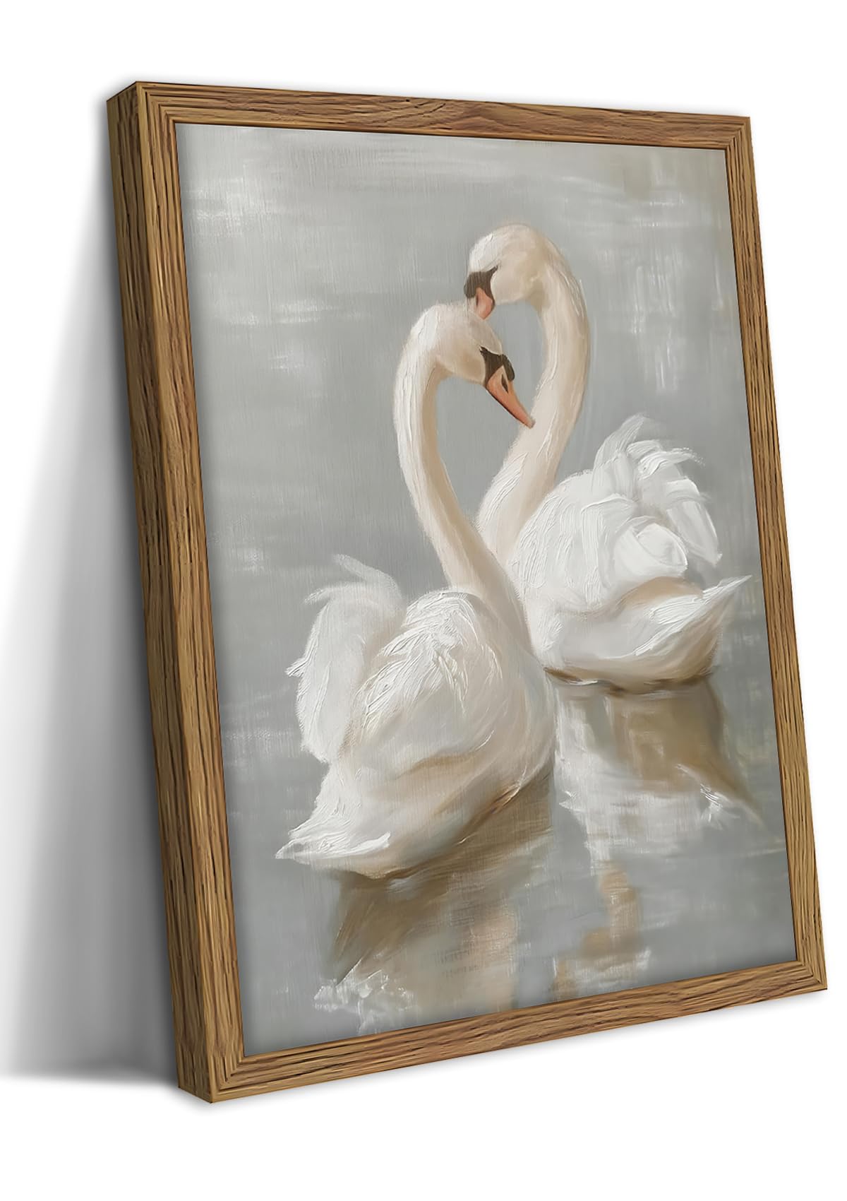 Framed White Swan Canvas Wall Art – Vintage Romantic Swan Oil Painting, Simple Rustic Animal Art Prints, Classical Artwork Wall Decor for Living Room Bedroom Office – 40x60 cm