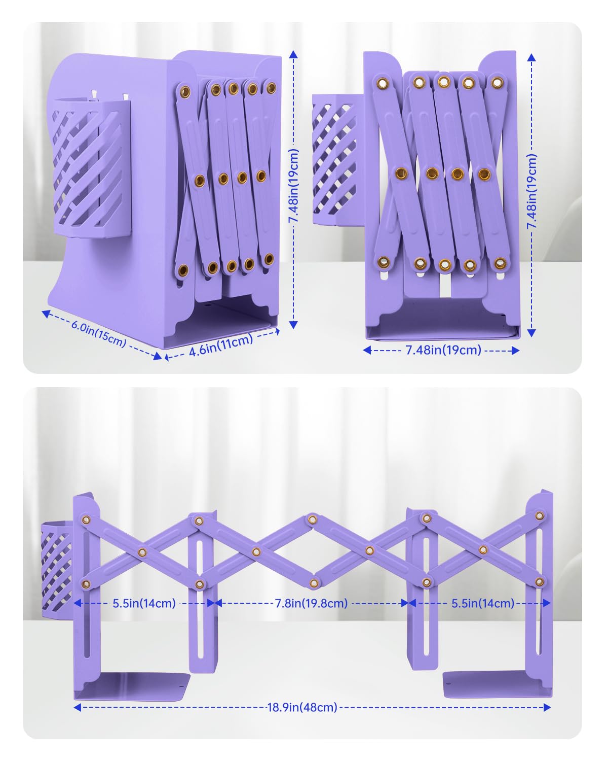 Honagu Sujetalibros ajustables, metal, morado (19 pulgadas, organizador personalizable para el hogar, oficina, escuela, libros, papeles, se extiende hasta 19 pulgadas, soporte para bolígrafos