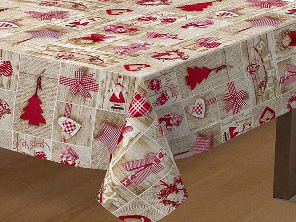 Mr.Hule | Mantel Navidad, Mantel Navidad Loneta Algodón – Poliéster resinado Antimanchas, Mantel Navidad Impermeable no traspasan líquidos (Beige y Rojo, 140 Redondo)