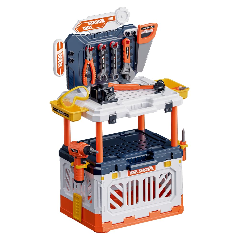 Kids Tool Bench - Toy Workbench with Storage Box,4 in 1 Kids Tool Set with Electric Drill Toy Tool Accessories 90pcs Pretend Play Construction Toy Educational Gift for Kids 3-5,4-8