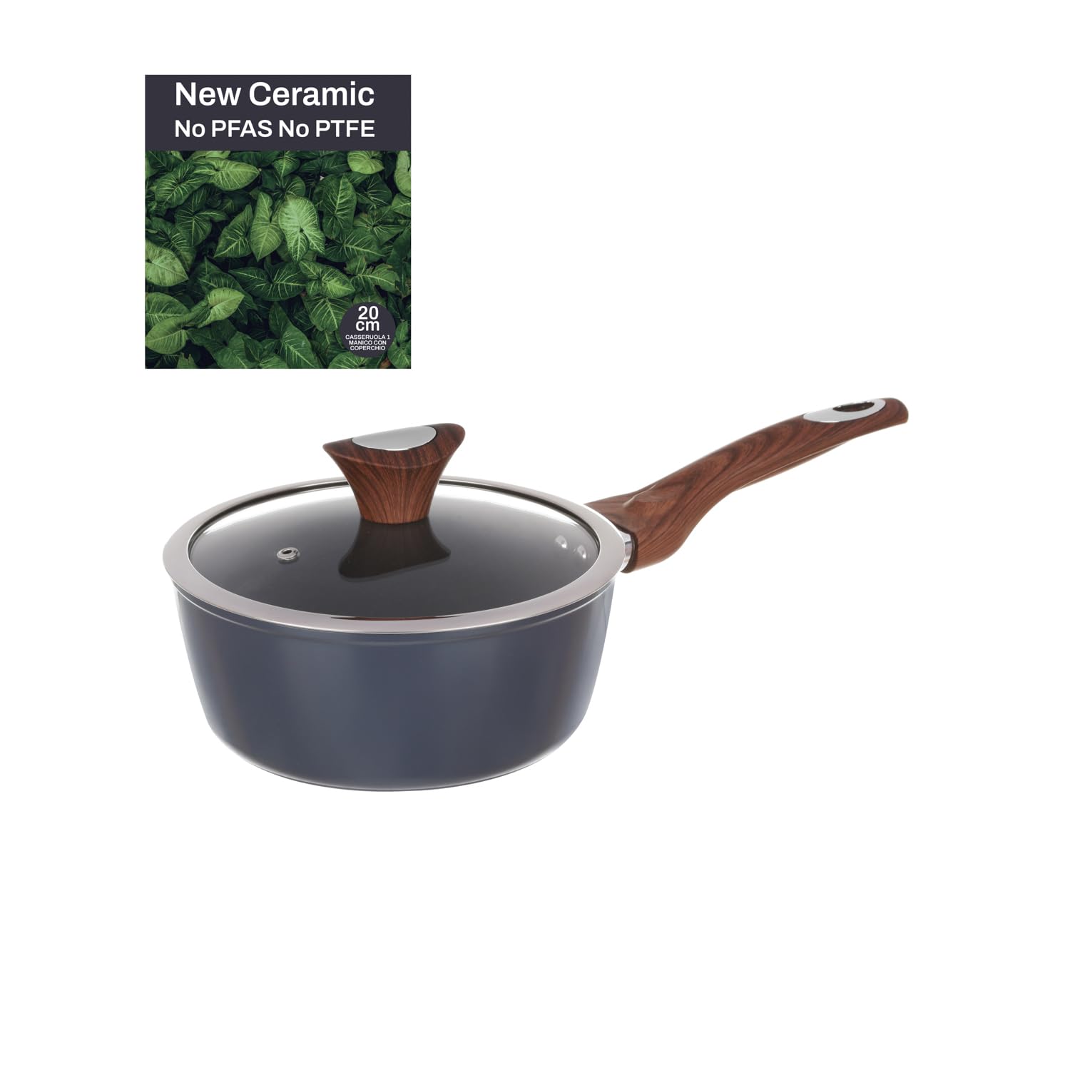 Casserole 20 cm avec couvercle bleu pétrole New Ceramic à manche unique