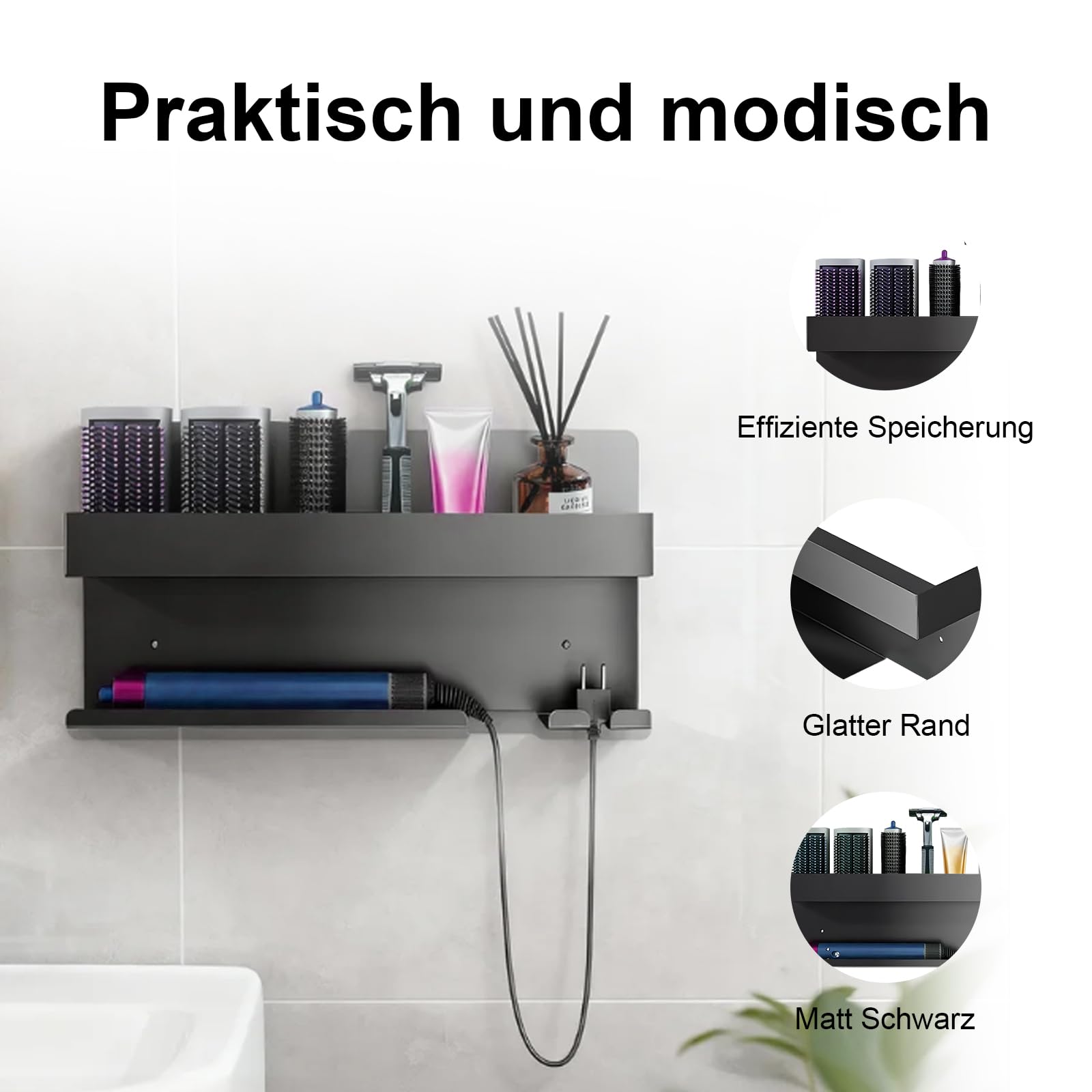 DYOUen Wandhalterung Curling Halter Organizer Stand Lagerregal für Dyson Airwrap, Edelstahl ohne Stanzen Aufbewahrungshalter (Stil 3)