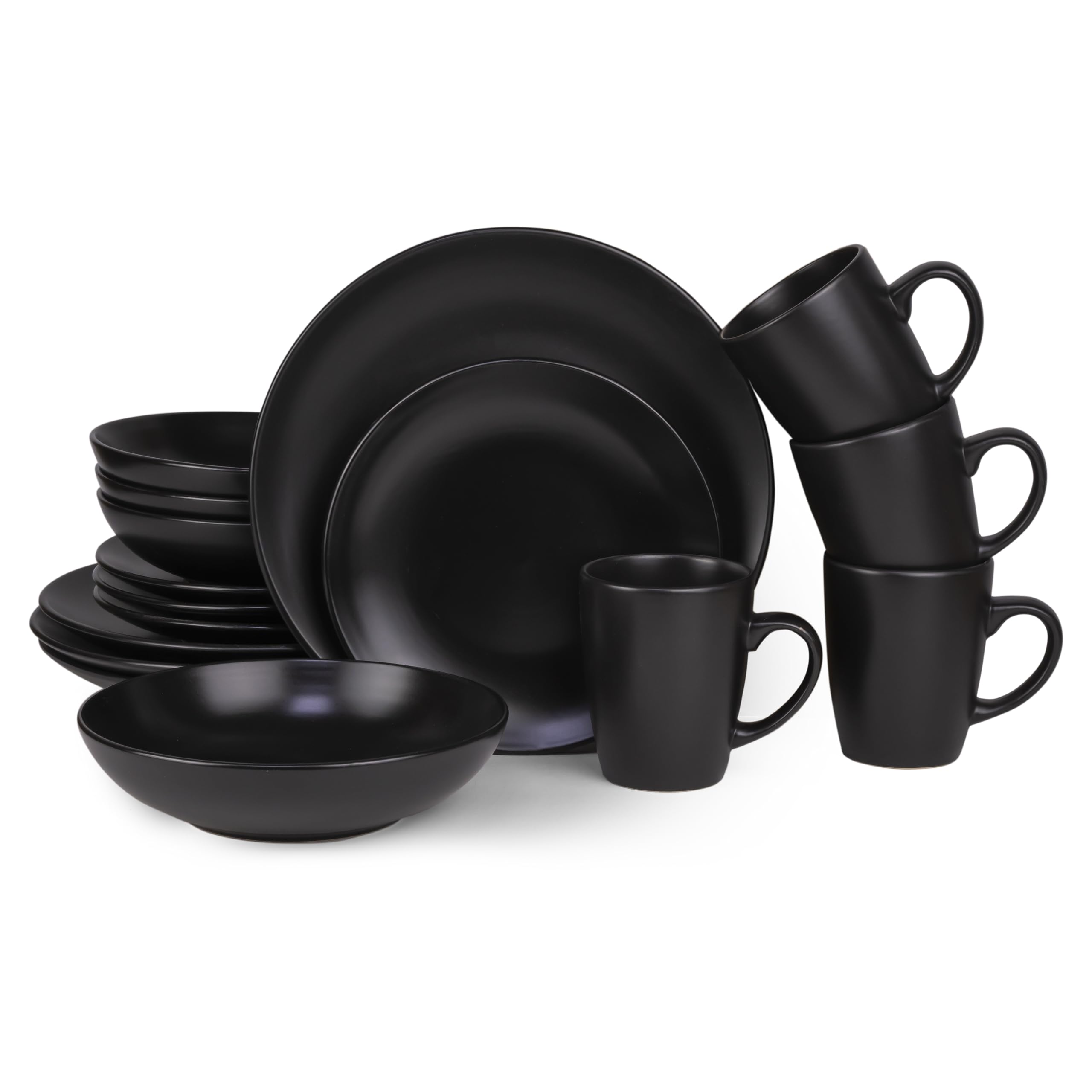 Bone China 16-Pieces Stoneware Dinnerware Set, Dinner Set, Kitchen Dinnerware Ceramic Crockery Set, Dinner Service Set for 4, 26cm Dinner Plate, 20cm Plate, Cereal Bowl, Mug LANGI BLACK