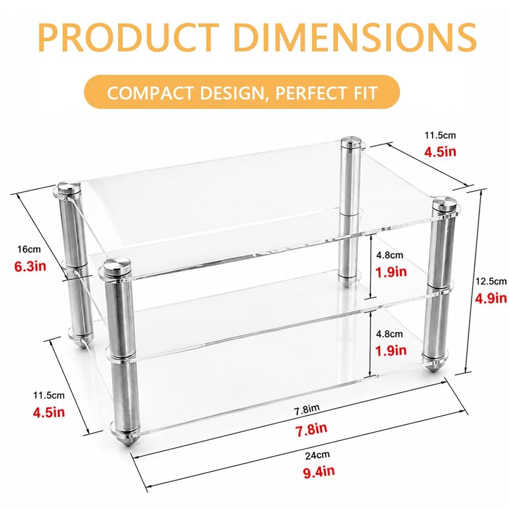 Generico Supporto Multimediale AV In Acrilico A 3 Livelli, Piccolo Mobile Hifi Audio Video Rack, Mini Piccolo Rack Da Tavolo Per Amplificatore Di Alimentazione(Clear)