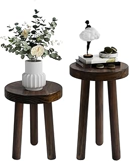 Wood Plant Stand Set of 2 (16+12" Tall) - Dark Walnut Round Solid Wood Plant Stand, Side Table, or Bathroom Stool - Heavy Duty Stool for Small Spaces