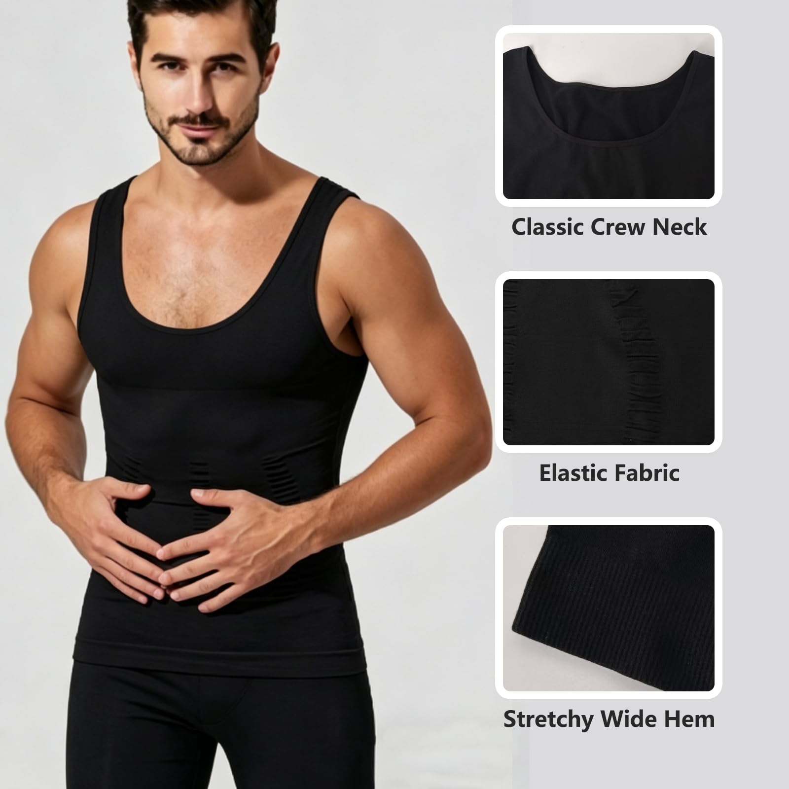 Lot de 3 débardeurs de compression amincissants pour homme - Contrôle du ventre - Sans couture - Respirant - Pour le sport quotidien