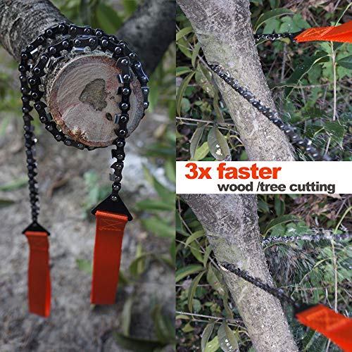 YOKEPO Survival Pocket Chainsaw Folding Hand Saw Chain 33 Serrated 3x faster 24 inch Hand Saw with Orange Straps Camping saw for Wood cutting Hiking Survival Bracelet Whistle Wristband and Firestarter