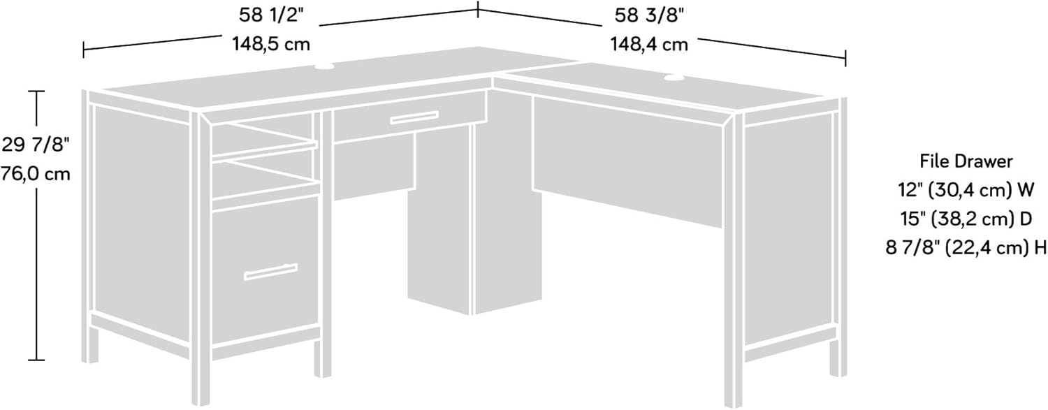 Technical drawing of the Sauder Pacific View L-Desk with dimensions labeled in inches and centimeters.