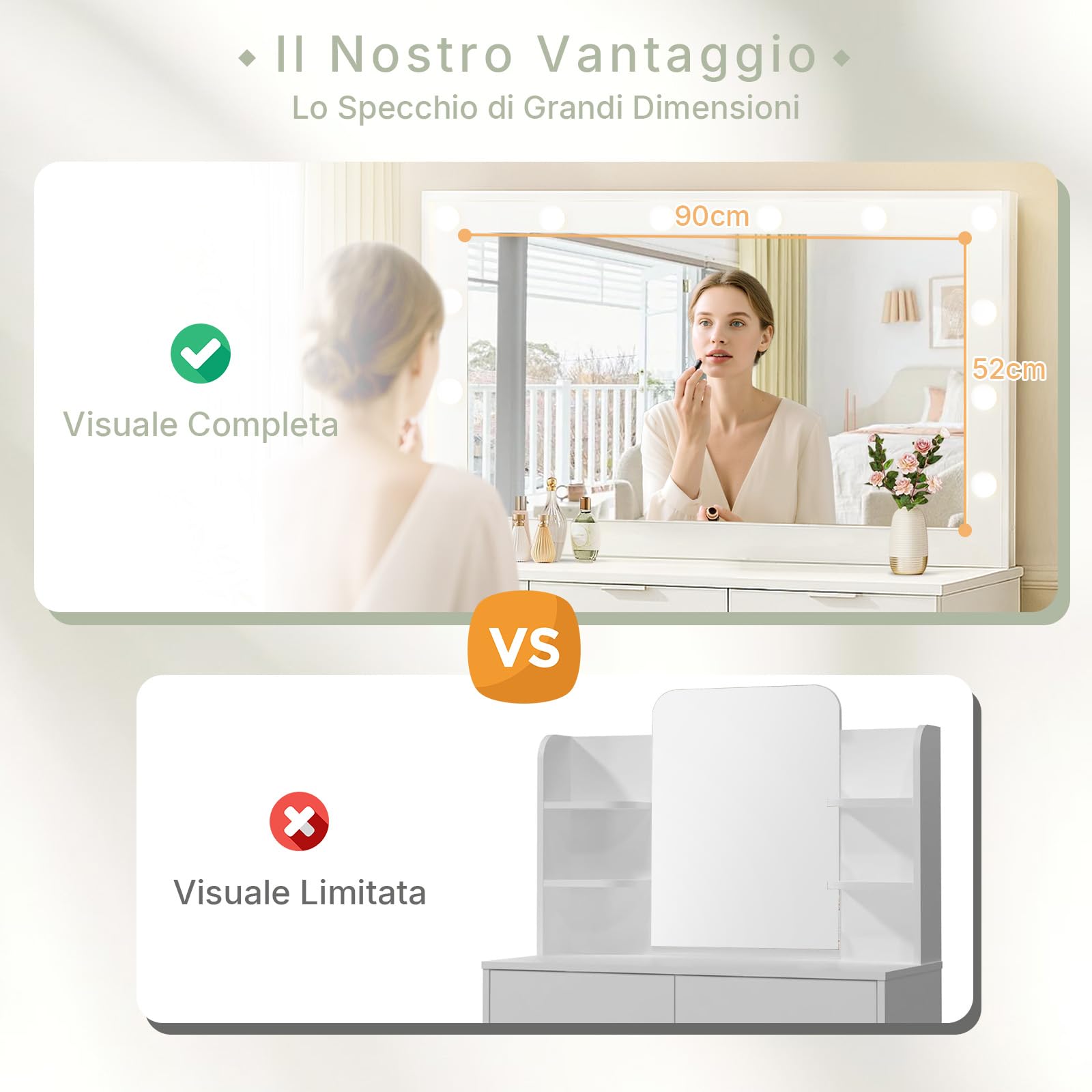 LEMROE Toeletta con Specchio LED e Sgabello, 3 Luci Regolabili, Tavolo da Trucco Bianco Moderno con 4 Cassetti e 1 Armadio, 40 x 105 x 140 cm