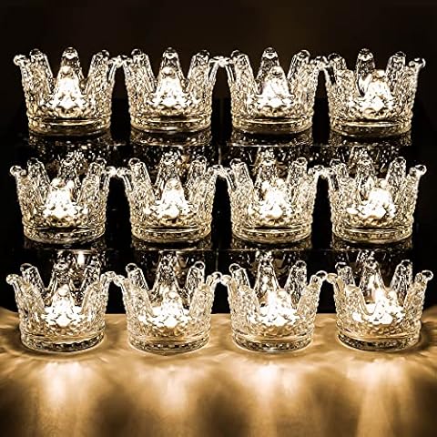 Rancco Votive Candle Holders for Table Centerpiece, 12 Pcs Crown Crystal Clear Candle Holders for Tealight, Romantic Glass Candle Holder for Weeding, Home Decor, Dinner, Anniversary, Party, 3x3x2inch Cover