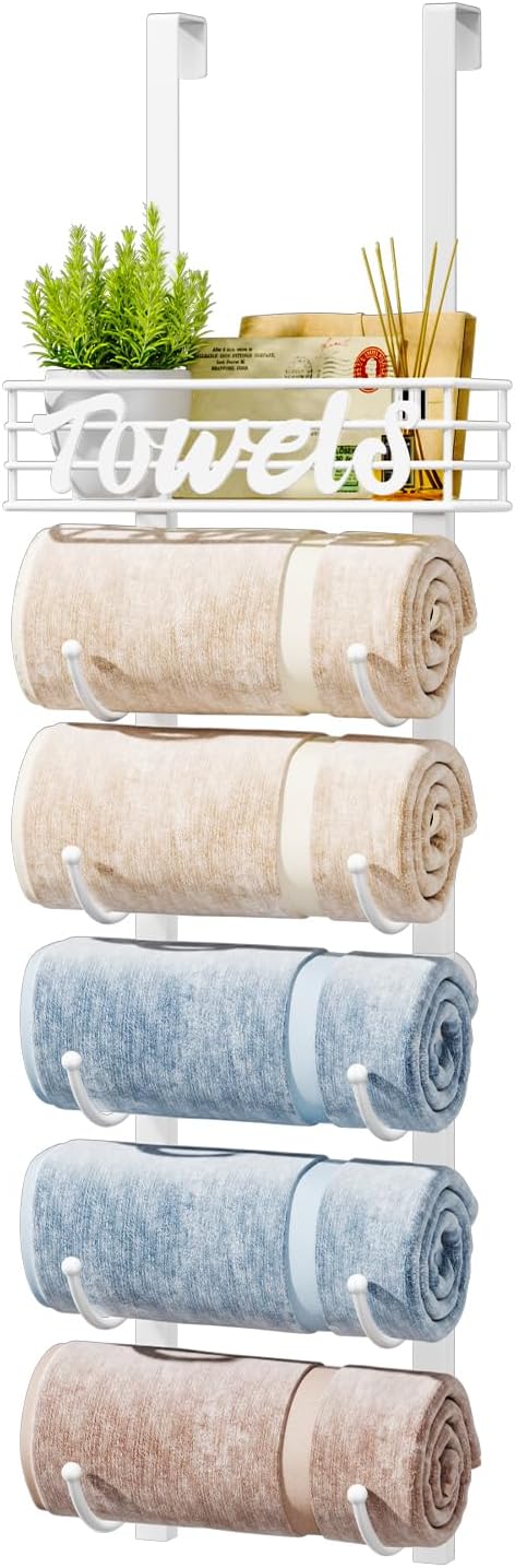 SWTYMIKI Over Door Towel Rack - 5 Tier Towel Storage Rack Wall Mounted With Metal Shelf, Over Door Towel Rail, Space-Saving Bathroom Towel Storage, Multi-Functional Bathroom Accessories, Black