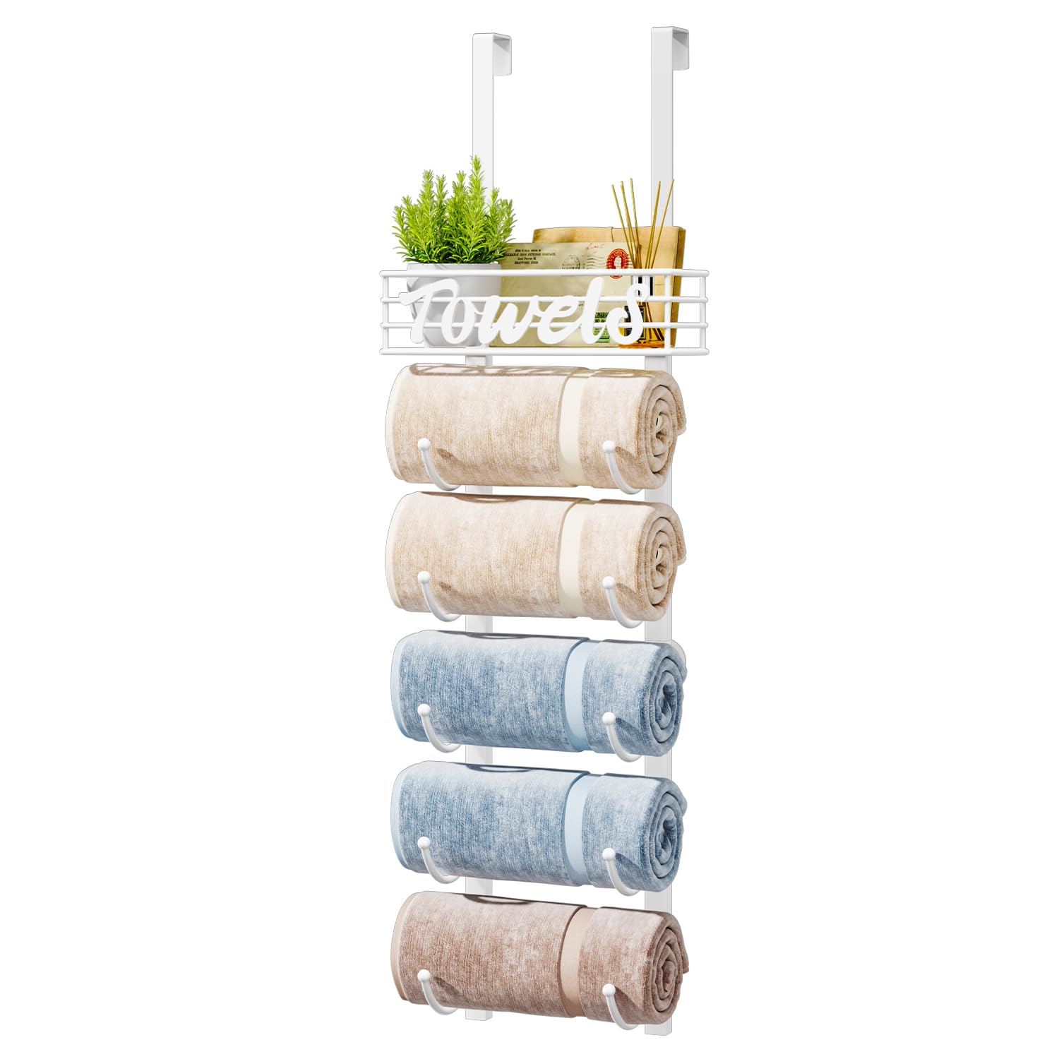 HapiRm Over Door Towel Rail-Towel Storage Rack Wall Mounted with Metal Shelf, 6-Tier Over Door Towel Rack, Towel Holder, White