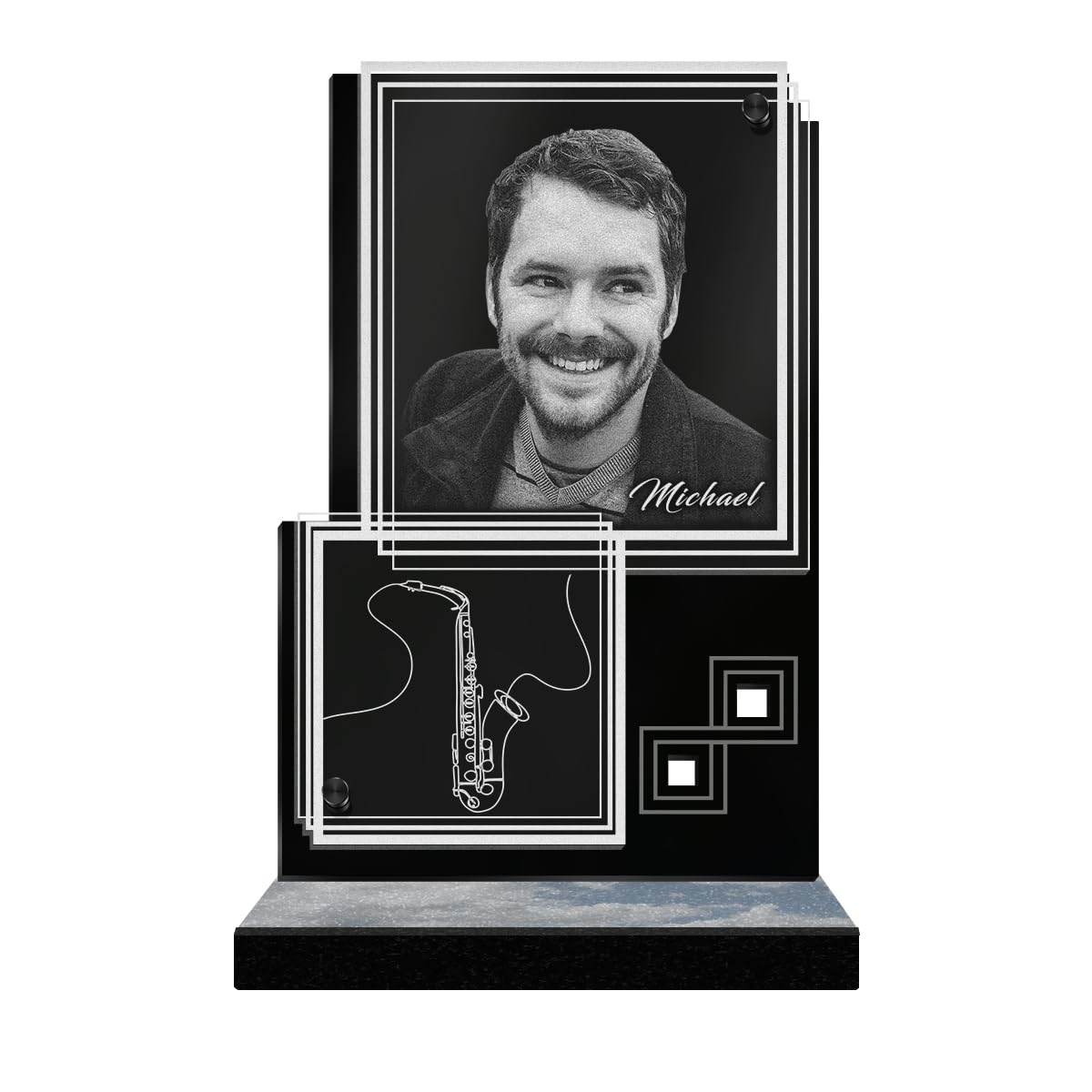 ETERNEL - Personalized Funeral Plaque Rectangle Illusion Saxophone Customizable Photo and Text, laser-engraved funeral plaque for tribute, cemetery plaque, tombstone, ceremony, mourning