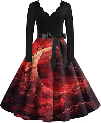 OIOLOYJM Sexy Plus Size Halloween Costumes Woman 2025 Long Sleeve V Neck Printed Gothic Retro Formal Party Dresses for Women