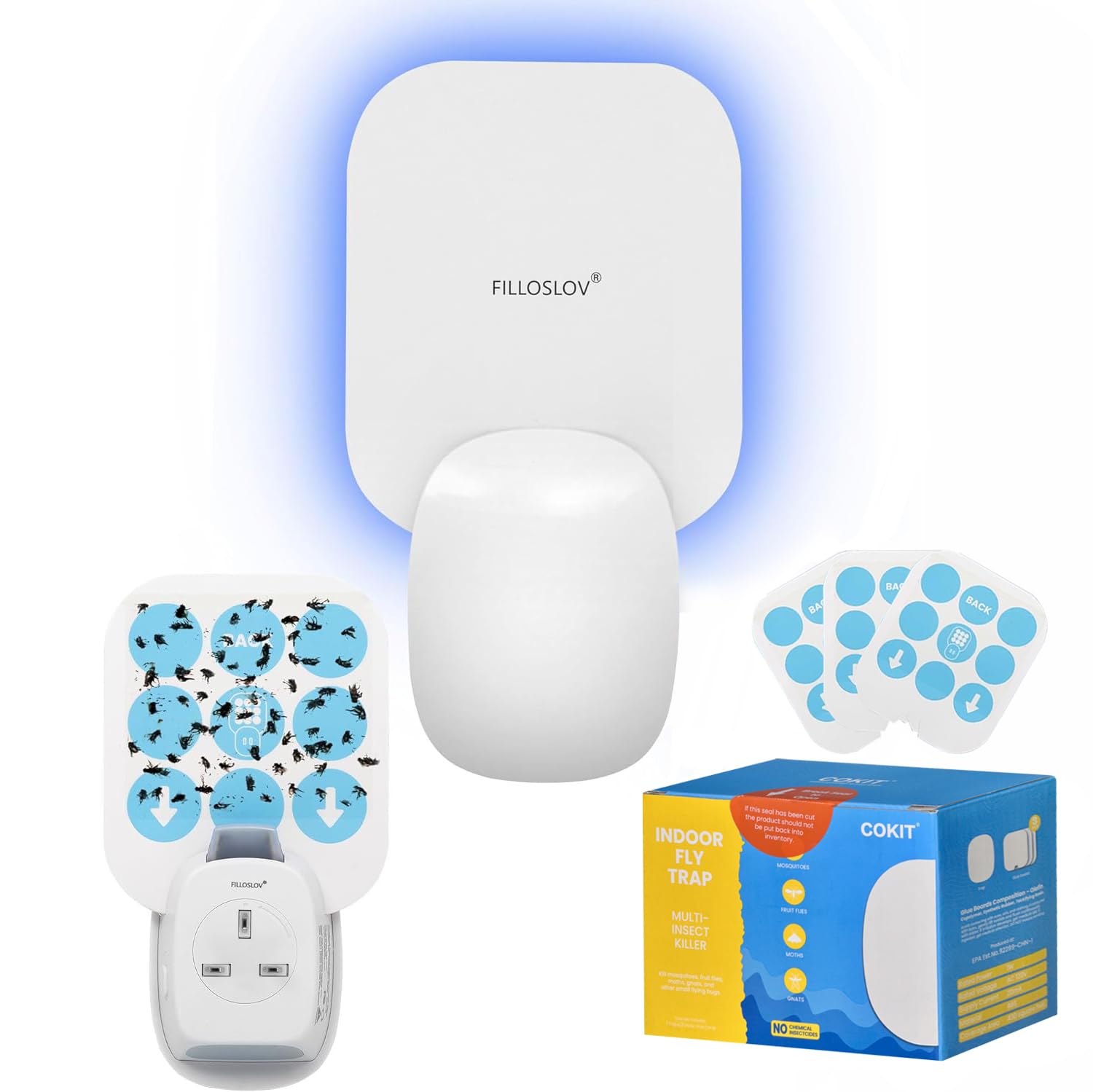 Flying Insect Trap, Insect Catcher, Indoor Fly Trap, Safer Home, Fruit Fly Traps for Gnat, Moth, Mosquito, Bug Light Plug in Insect Killer, 3 Glue Cards, UK Plug