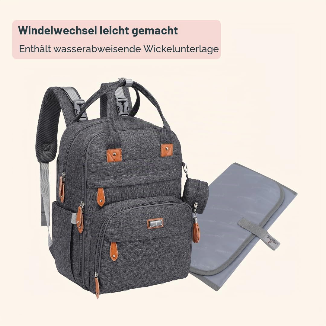 BabbleRoo Wickeltaschen-Rucksack, multifunktional, wasserdicht, Reise-Rucksack mit Wickelunterlage und Kinderwagengurten und Schnulleretui, Unisex und stilvoll (dunkelgrau)