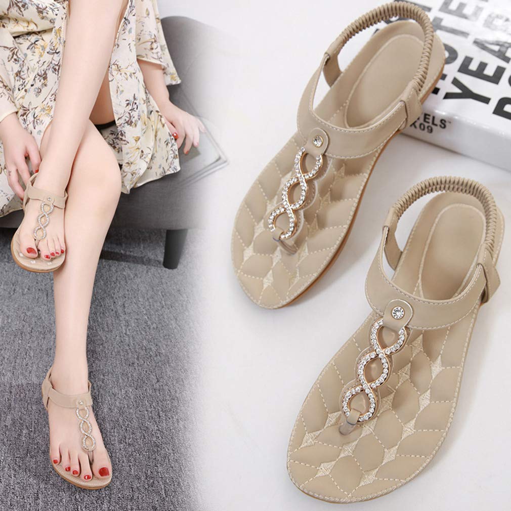 Femmes Sandales Plates Été Casual T-Strap Strass Bohème Fleur Glisser sur Les Chaussures Tongs de Plage Vacances
