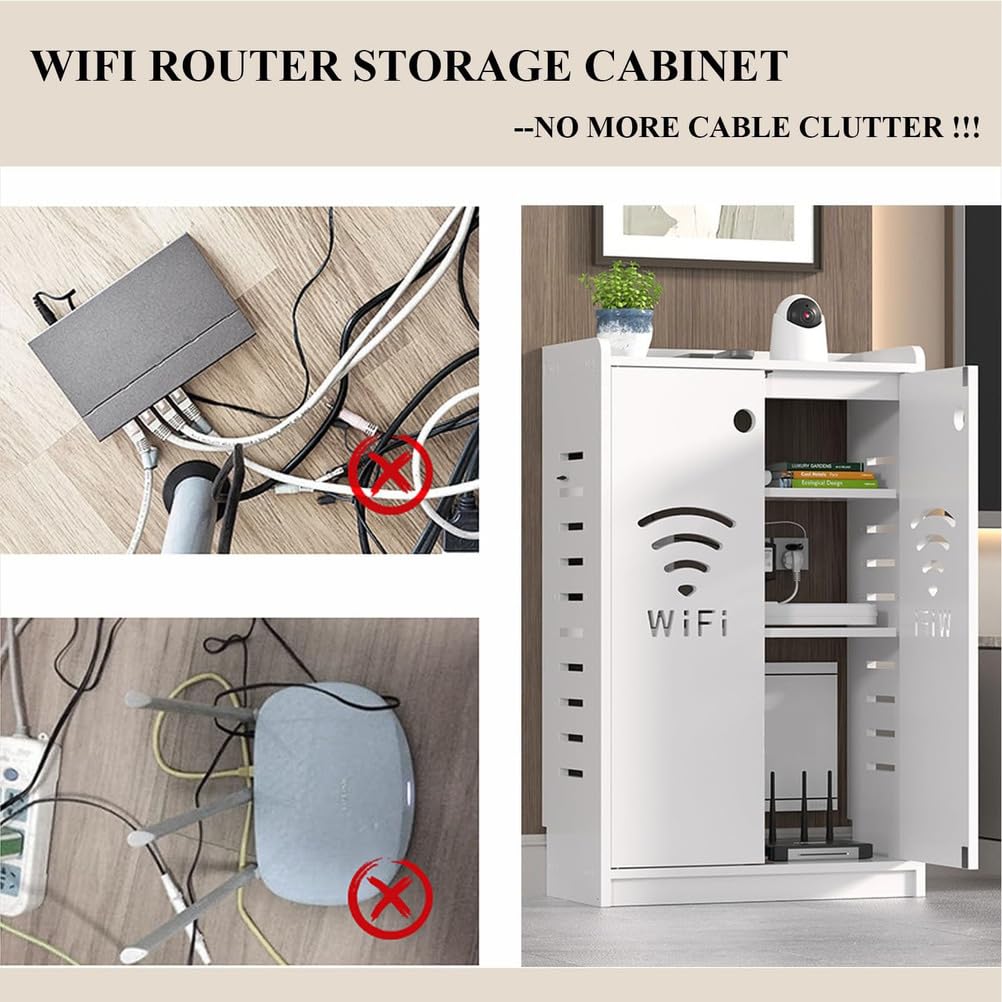 Armoire de rangement pour routeur WiFi, multiprise et gestion des câbles, étagère à deux étages pour la maison et le bureau, gris