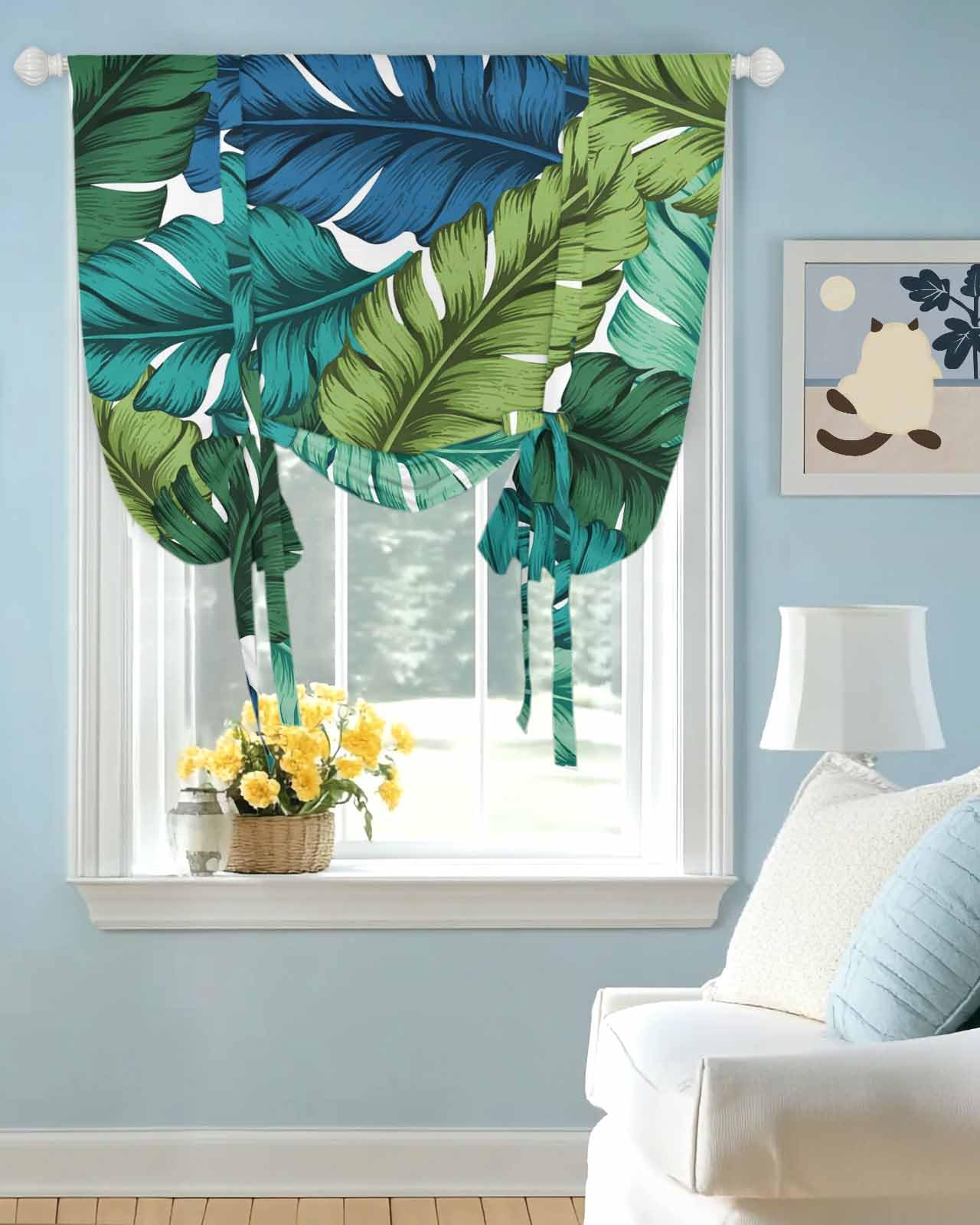 Tie Up Curtains for Windows Summer Tropical Banana Leaf Rod Pocket Tie-Up Window Shade Adjustable Balloon Curtain Valance Classic Plant Scenery for Bedroom Kitchen Bathroom Blinds,34x45in