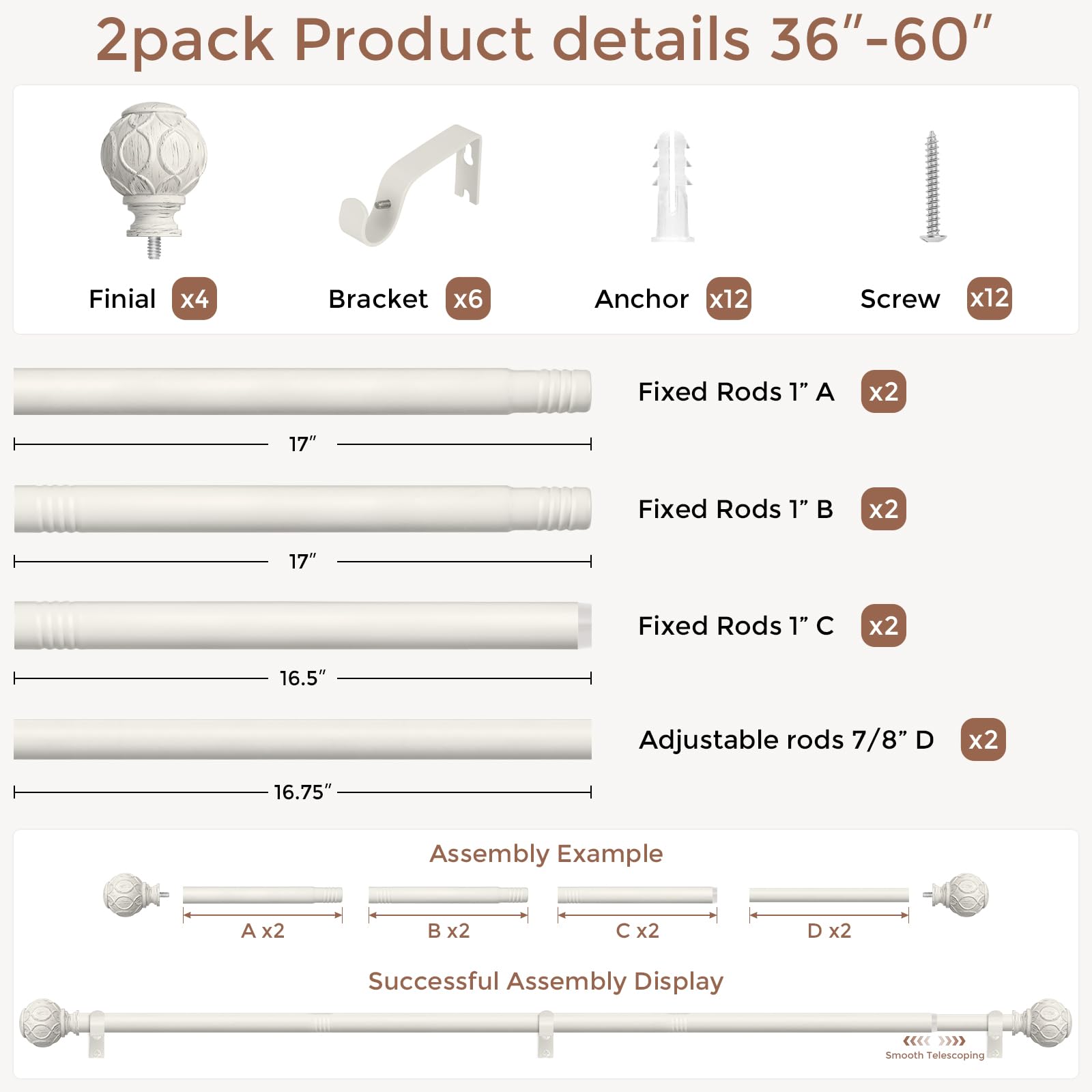 White Farmhouse Curtain Rods - 2 Pack -5