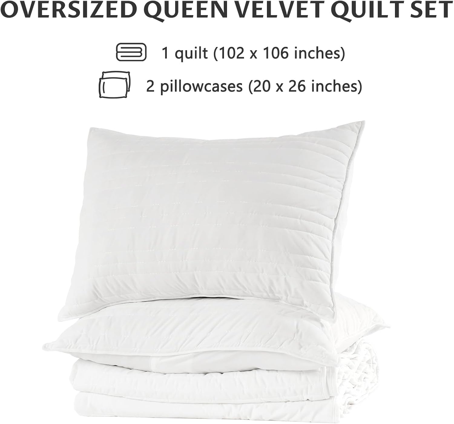 KASENTEX Luxury Velvet Quilt Set, Oversize Queen Quilt 102"x106", Ultra-Soft Bedspread Coverlet with 2 Pillow Shams, Lightweight Comforter, Line Stitch Geometric, Summer Bedding Set, White - Image 6