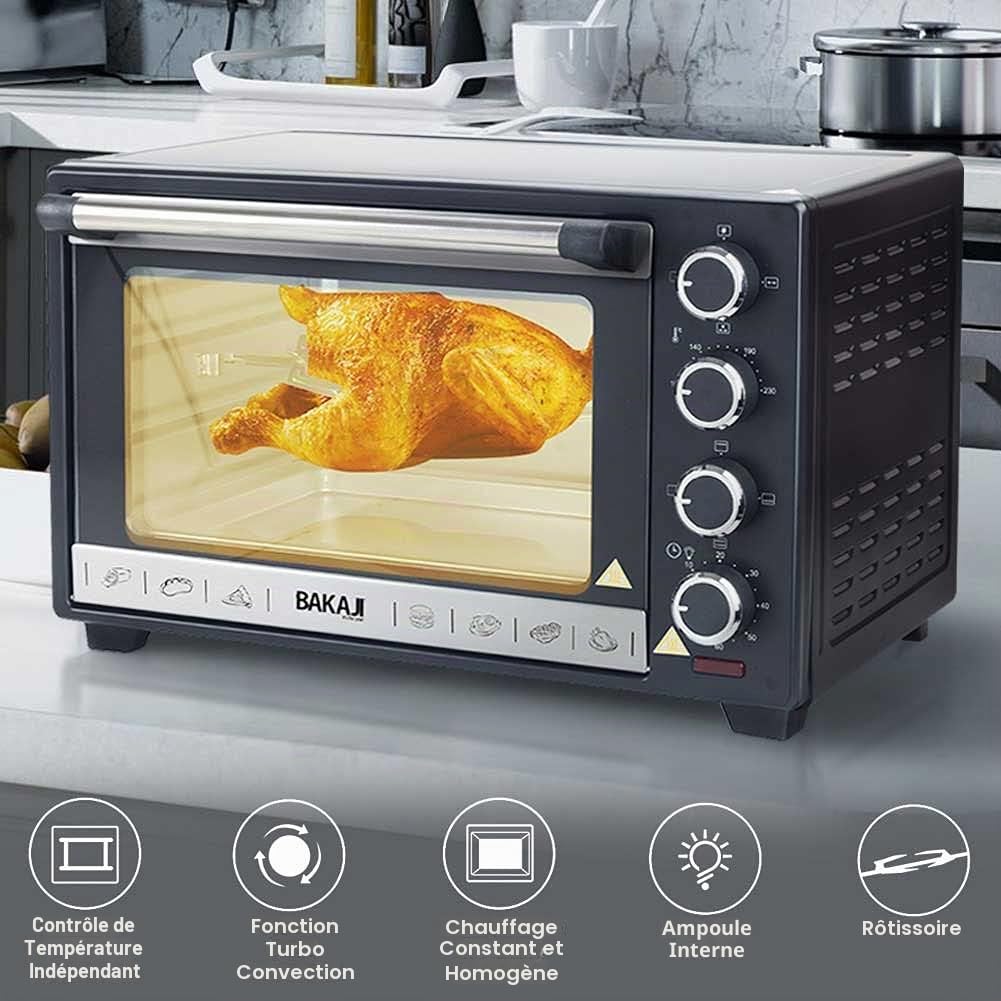Bakaji Four électrique avec ventilation, capacité 48 litres, puissance 2000 W, température jusqu'à 230°, 4 fonctions avec lumière intérieure, fonction minuterie rotative