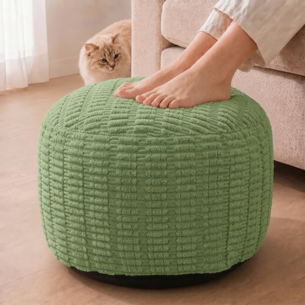 Round Pouf Ottoman, Sage Green, 24"x14", Shredded Foam Fill