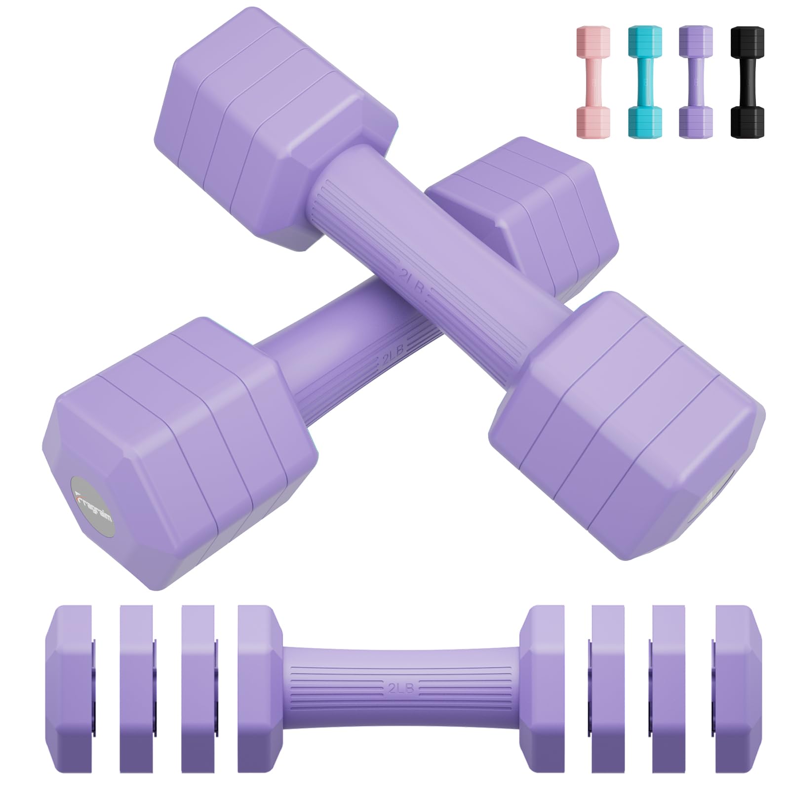 Adjustable Dumbbells Set for Women Men 4.54 kg, 4 in 1 Hand Weights Set Dumbbell Pair Each 0.9 kg, 1.36 kg, 1.81 kg, 2.27 kg Weights Dumbbell Set with TPU Soft Rubber Handle for Home Gym - Purple
