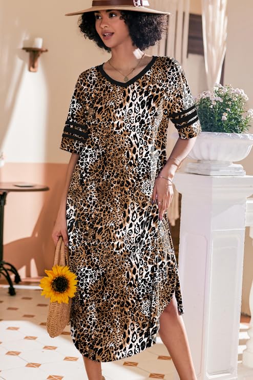 Image of Ekouaer Long Nightgown, Womens V Neck Loungewear Oversized Sleepwear Loose Sleep Dress S-4XL